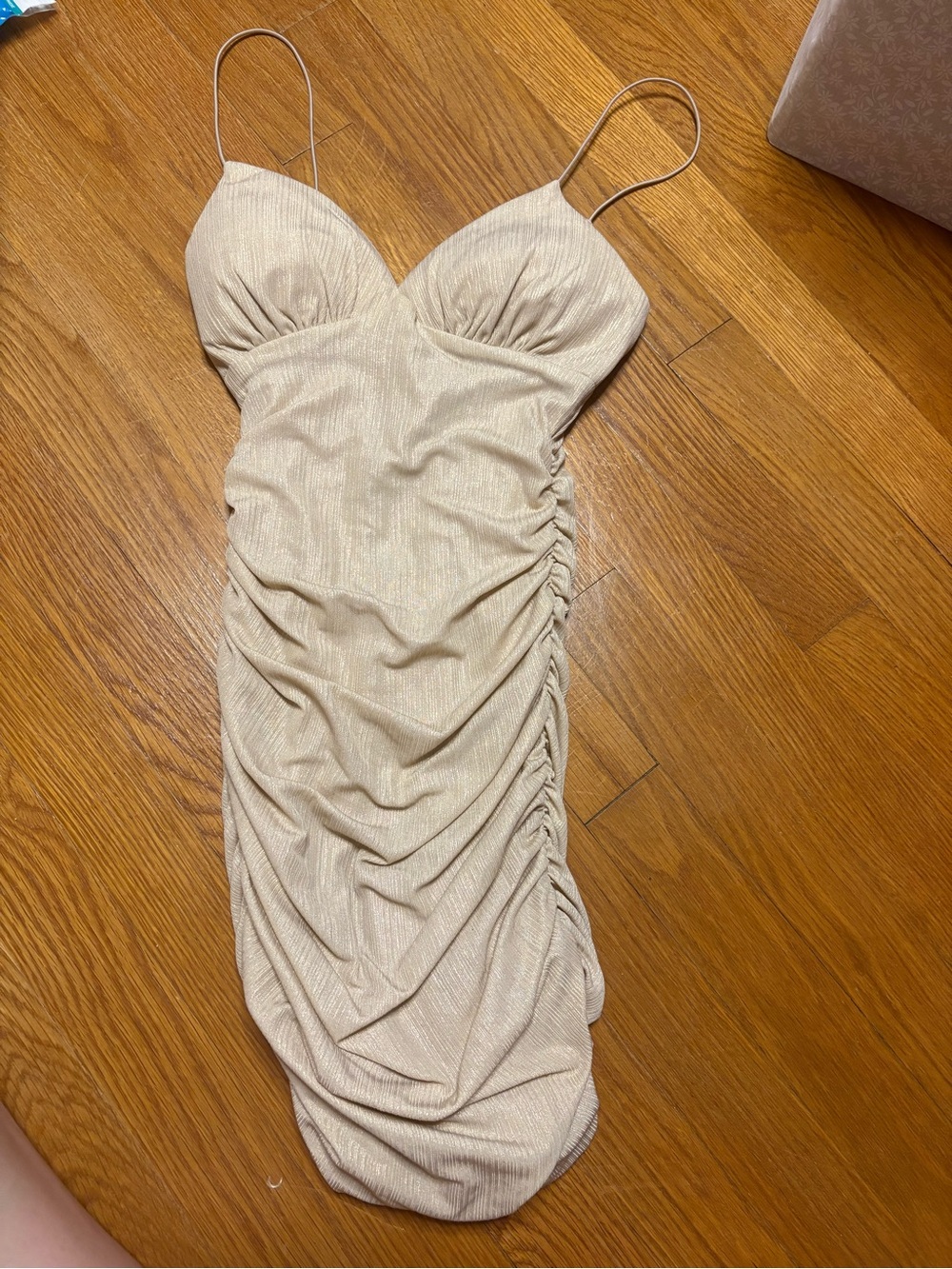 B Darlin Cream Ruched Mini Dress with Spaghetti Straps